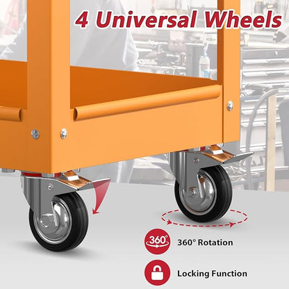 3 Tier Rolling Tool Cart on Wheels, Heavy Duty Service Cart Industrial Utility Cart with Drawer and Screwdriver Rack Pegboard, 550 LBS Mobile Tool Storage Organizer for Garage, Workshop (Orange)