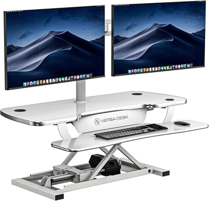 VERSADESK® Electric Standing Desk Converter, 40 Inch Large PowerPro™ Height Adjustable Sit to Stand Desk Riser with Keyboard Tray, Built-in USB Charging Outlet, Ergonomic Workstation, White