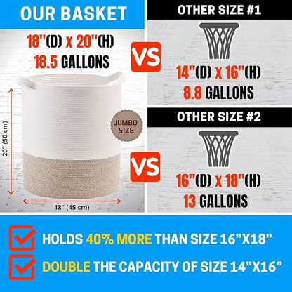 MINTWOOD Design 83L Extra Large 20x18 Inches Decorative Woven Cotton Rope Basket, Tall Laundry Basket Hamper, Blanket Basket for Living Room, Round Storage Baskets for Pillows, Towels, Light Brown