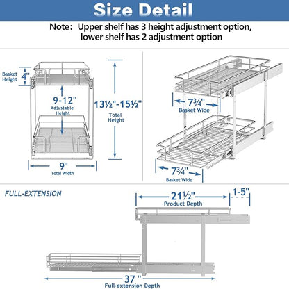 LOVMOR 2 Tier Individual Pull Out Cabinet Organizer 9" W x 21½" D, Slide Out Kitchen Cabinet Storage Sliding Shelves