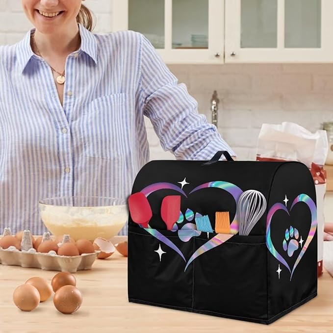 Dog Paw Heart Print Mixer Cover Stand Mixer Dust Proof Covers with Handle and Front Pockets Kitchen Aid Mixer Cover for 4.5-5 Qt Mixer,Kitchen Coffee Maker Toaster Machine Dust Cover