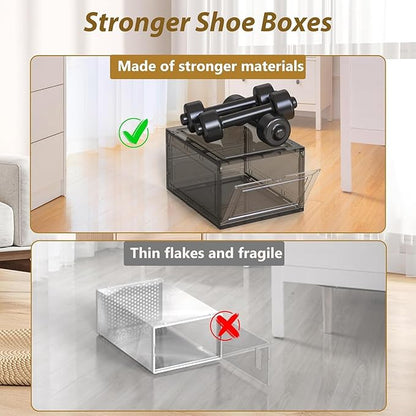 Mitees 10 Pack XX Large Thicken Sturdy Hard Plastic Clear Stackable Shoe Storage Boxes for Size 12, Sneaker Shoe Rack Containers Holders Bins Display Case Organizer for Closet, Grey02