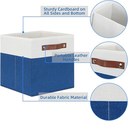 Temary 11 Storage Cube Bins for Shelves, Closet - 4 Pack Fabric Baskets With Leather Handles (White & Blue)