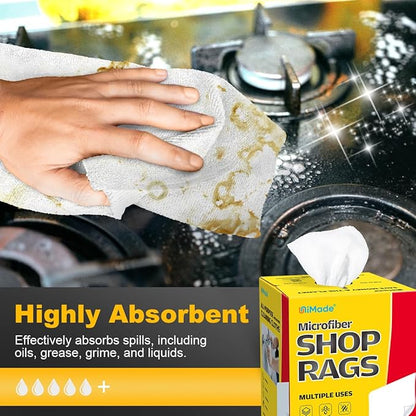 Shop Rags, 100 Sheets Microfiber Cleaning Cloth Commercial Grade Washcloths Lint-Free Bulk Shops Towels for Cars Mechanic Restaurant Garage Housekeeping, 11"x 9", White
