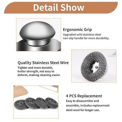 5Pcs Steel Wool Scrubber with Replacement Wire Sponge Pads Set, Stainless Steel Scrubber with Handle for Scouring Stubborn Messes from Cast Iron, Pots, Pans, Grill, Stoves, Sink(1 Scrubber+4 Pads)