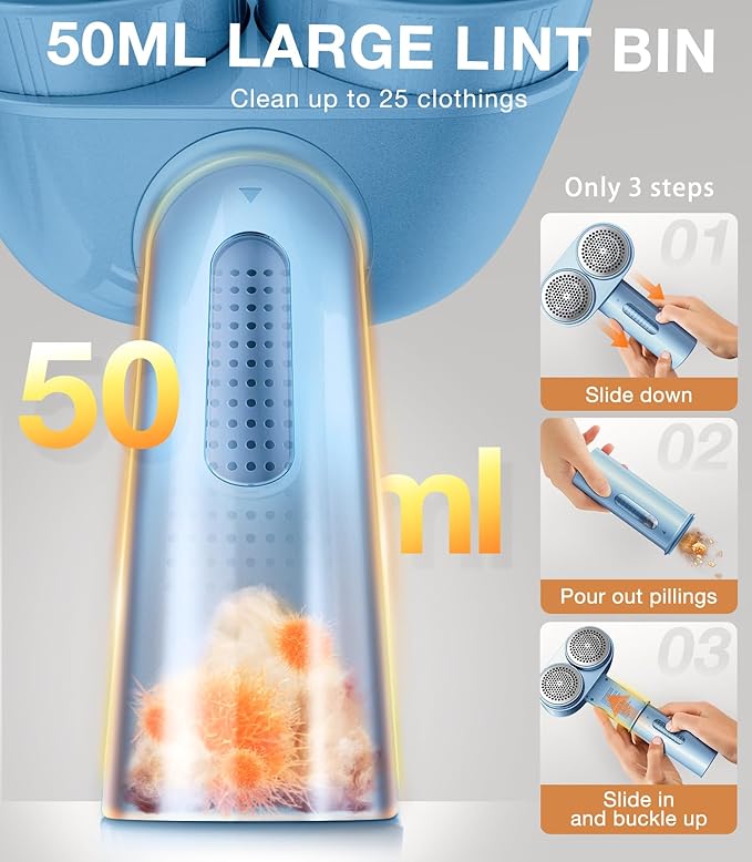 TORRAS Dual-Head Fabric Shaver, Longest Durability & 50ml Large Capacity Rechargeable Lint Removers to Remove Pills, 6-Leaf Blades Defuzzer, Electric Shaver for Clothes Couch Furniture, Sky Blue
