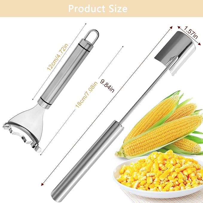 2 Pcs Corn Peeler Set with Long & Short Handle – Stainless Steel Corn Stripper Tools for Raw & Cooked Corn – Durable Kitchen Gadgets for Home, BBQ & Restaurant Use