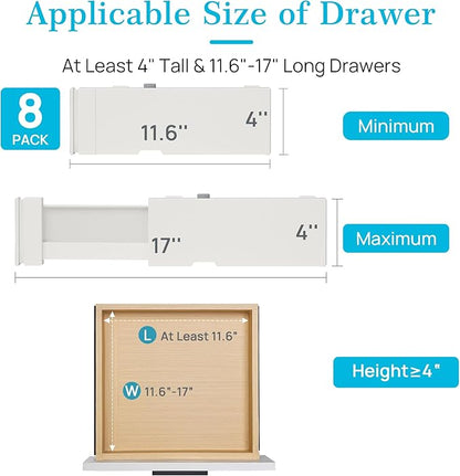 Vtopmart Drawer Dividers for Clothes 8 Pack, Adjustable 4" High Expandable from 11.6"-17" Dresser Drawer Organizer, Plastic Drawers Separators for Dresser, Baby Clothes, Kitchen and Office Storage