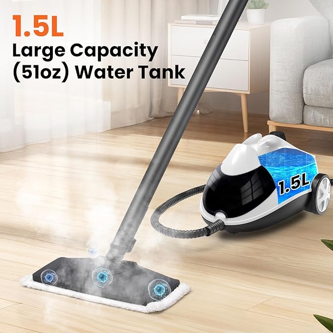 Steam Cleaner 1.5L Steamer for Cleaning Fast Heating 6-in-1 Multi-Surface with 8 Accessories UL499 Certified Portable High Pressure Steam Cleaner for Home, Car, Floors, Sofas, Tiles, Grout