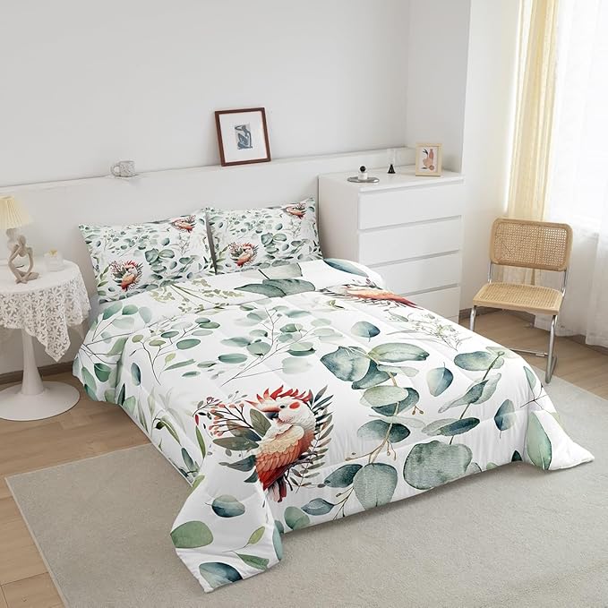 Erosebridal Cartoon Animal Bedding Full Size for Kids Toddler Kawaii Parrot Comforter Set Full, Wild Bird Duvet Insert Cute Wildlife Quilt Comforter, Green Eucalyptus Bedding Comforters & Sets