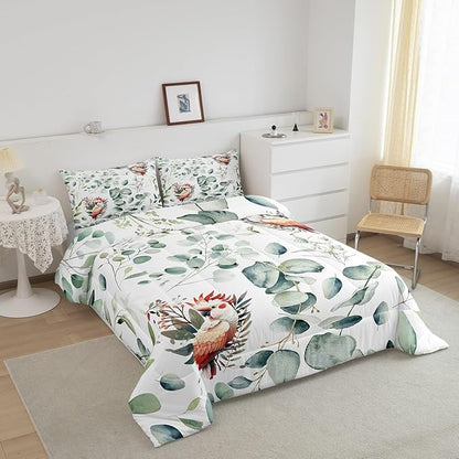 Erosebridal Cartoon Animal Toddler Size Comforter Set for Kids Toddler Kawaii Parrot Bedding Set, Wild Bird Down Comforter Cute Wildlife Bed Set, Botanical Green Eucalyptus Quilted Duvet