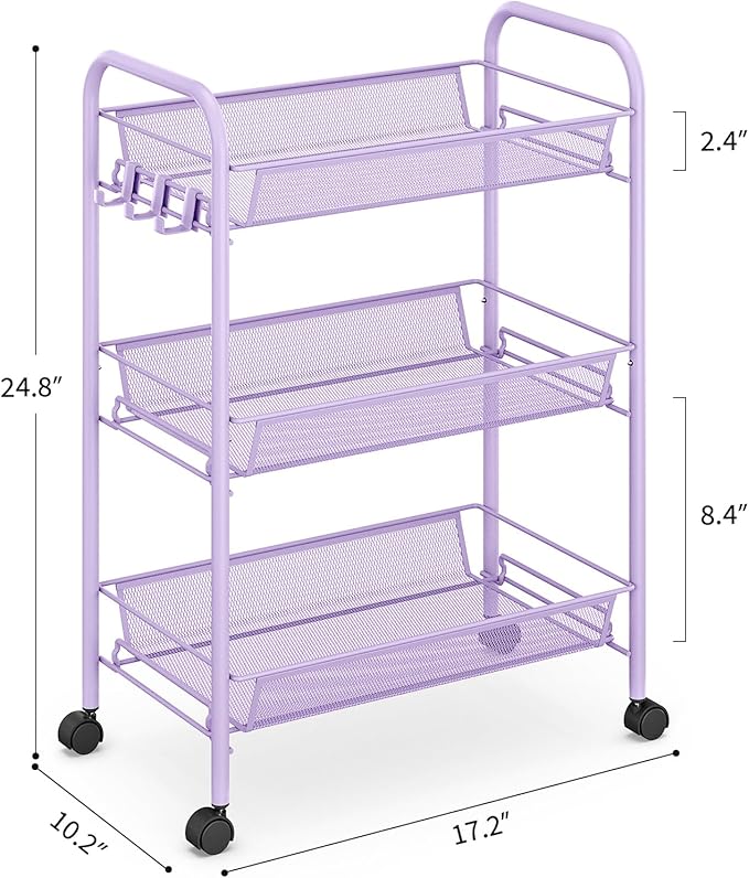 TOOLF 3-Tier Metal Rolling Cart, Mesh Wire Easy Assemble Utility Cart, Storage Trolley on Wheels with 3 Hooks, MetalStorage Shelving Units for Kitchen Bathroom Laundry Room