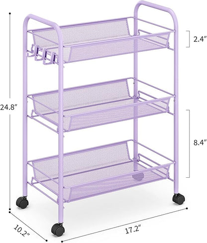 TOOLF 3-Tier Metal Rolling Cart, Mesh Wire Easy Assemble Utility Cart, Storage Trolley on Wheels with 3 Hooks, MetalStorage Shelving Units for Kitchen Bathroom Laundry Room