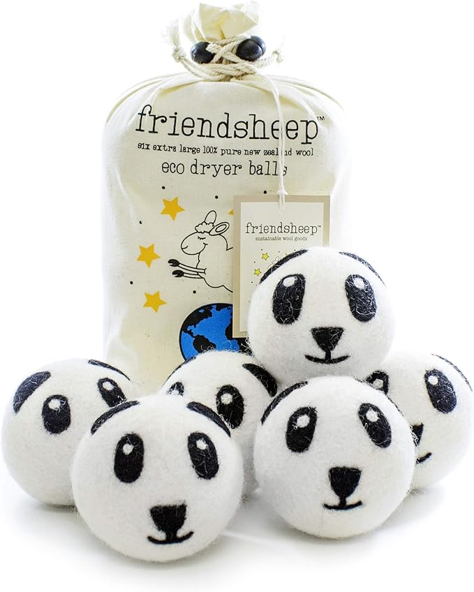 Friendsheep Wool Dryer Balls 6 Pack XL Organic Premium Reusable Cruelty Free Handmade Fair Trade No Lint Fabric Softener - Panda Pack