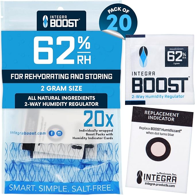 Integra Boost 2-Way Humidity Control Pack – Patented Technology for Humidity Control – Preserve Flavor & Maintain 62% RH – Moisture Absorber for Herbs, Spices & More – 2 Gram (Pack of 20)