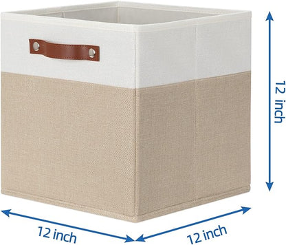 Temary Fabric Storage Cubes - 12 Inch Collapsible Bins (4Pack) - Empty Gift Baskets for Organizing Shelves, Closets, Nursery (White & Khaki)