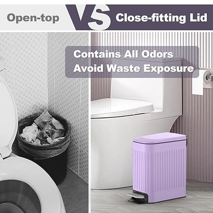 TrashAid Slim Bathroom Trash Can with Lid Soft Close, 6 Liter/1.6 Gallon Stainless Steel Small Garbage Can with Removable Inner Bucket, Step Pedal, Slim Wastebasket for Toilet, Office, Bedroom, Purple