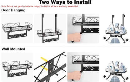 Ironing Board Hanger, Metal Over The Door or Wall Mounted Ironing Board Caddy, Ironing Board Storage Shelf with Adjustable Hooks for Laundry Room, Living Room, Bathroom (Matte Black)