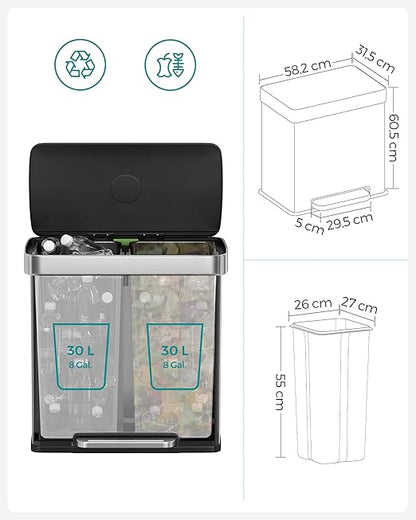 SONGMICS Kitchen Trash Can, 16 Gallon (2 x 8 Gallon) Dual Compartment Garbage Can, 60L Pedal Recycling Bin, Stays Open and Soft Close, Stainless Steel, 15 Bags Included, Metallic Silver ULTB202E01