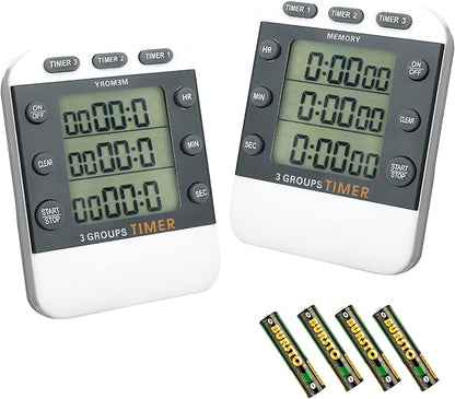 Photect 2-Piece Digital Dual Kitchen Timer, 3 Channels, Count UP/Down, Cooking Timer with Magnetic Back, Loud Alarm, Large Display, Countdown Hour Meter for Cooking, Classroom, Kids, Teacher, Study