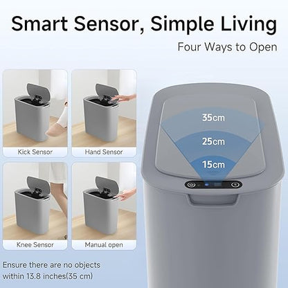 Automatic Motion Sensor Bathroom Trash Can with Lid, 2.6 Gallon Touchless Trash Bin, Smart Garbage Can Plastic Slim Wastebasket for Bedroom, Office, Dorm (Grey)
