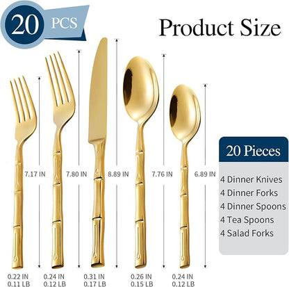 Gold Silverware Set 20-Piece Bamboo Pattern Service