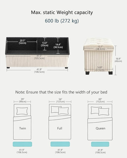 Storage Ottoman Bench, 43 Inch Foldable Ottoman with Legs, Velvet Foot Rest Stool, End of Bed Bench, Storage Chest for Living Room, Bedroom (Beige)