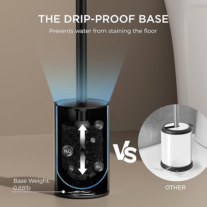 FORIOUS Toilet Brush and Holder Set, 304 Stainless Steel Heavy Duty Base and Handle for Bathroom Deep Cleaning, Toilet Bowl Cleaners Brush with Holder, Space Saving for Storage, Matte Black