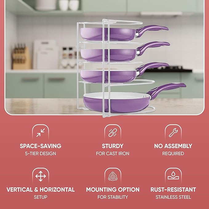 Heavy-Duty Pots and Pans Organizer | 5-Tier Cookware & Lid Storage Rack | Free-Standing or Wall-Mount | Kitchen Organizer for Cast Iron Skillets, Pots, Frying Pans, Lids | White