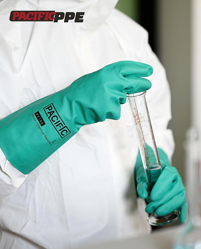 PACIFIC PPE 2 Pairs Nitrile Chemical Resistant Gloves, Flocked, Resist Strong Acid, Alkali, 15 mil, 12.6", X-Large