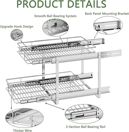 2 Tier Individual Pull Out Cabinet Organizer 10½" W x 18" D, Heavy Duty Cabinet Pull Out Shelves, Slide Out Drawers Organization for Kitchen Cabinets Bathroom