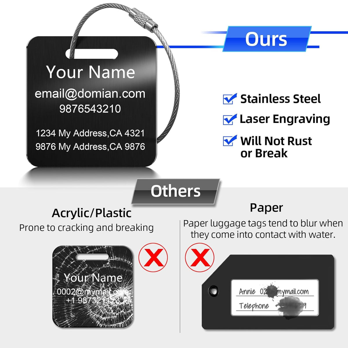 Stainless Steel Personalized Luggage Tags for Suitcases - Custom Name ID Travel Tags for Luggage, Backpacks and Bags - Metal Travel Essentials Accessories for Kids, Women and Men - Bulk Set (4 Pack)