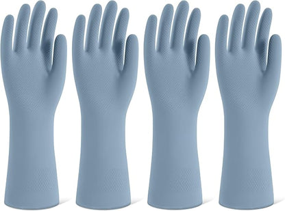 Rubber Cleaning Gloves for Dishwashing, 4 Pairs Reusable Kitchen Gloves for Washing Dishes and Household Cleaning, Blue Dish Gloves with Flocked Lining and Non-Slip Grip, Pefect for Woman Men - M