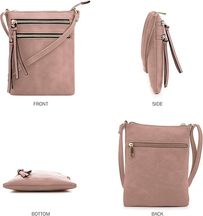 DELUXITY | Crossbody Purse Bag | Functional Multi Pocket Double Zipper Purse | Adjustable Strap | Medium Size Purse |Mauve