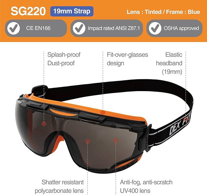 DEX FIT Protective Safety Goggles SG220; Anti Fog & Scratch, Z87 Eye Protection for Work, Adjustable for Women and Men, (Black & Orange Frame, Tinted Lens, 19cm Strap)