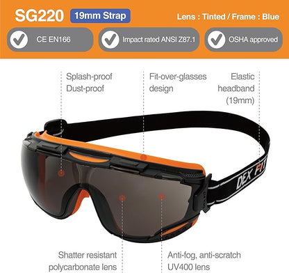 DEX FIT Protective Safety Goggles SG220; Anti Fog & Scratch, Z87 Eye Protection for Work, Adjustable for Women and Men, (Black & Orange Frame, Tinted Lens, 19cm Strap)