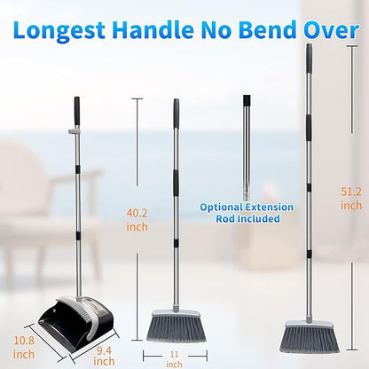 Broom with Dustpan Combo Set Broom and Dustpan Set Dust Pan with 51.2" Stainless Steel Long Handle, Brooms with 5-Layer Plus Firm and Soft Bristles Combine, New Home Apartment Office Essentials