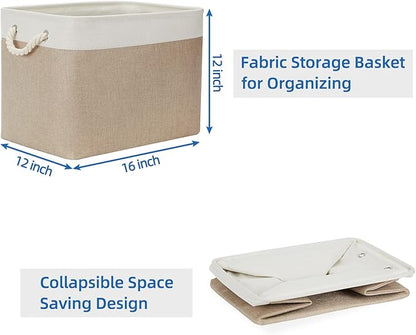 Temary Fabric Storage Baskets 2 Pack Decorative Storage Bins Basket for Gifts Empty Shelf Baskets with Handles for Organizing Home Closet, Towels (White&Khaki,16Lx12Wx12H Inches)