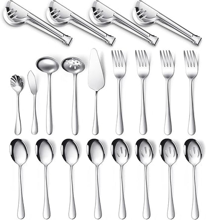 Patelai Serving Utensils Set Include Stainless Steel Large Spoons Slotted Spoons Forks Tongs Soup Ladle and Pie Server for Parties Buffet Catering, Dishwasher Safe(Silver,21 Pieces)
