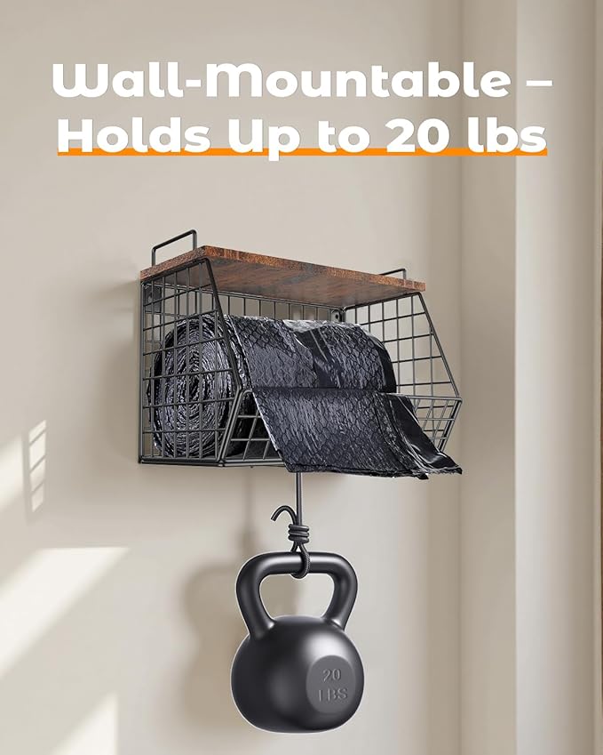 Extra Large Trash Bag Holder Under Sink, Wall Mounted Garbage Bag Dispenser Roll Holder for 13/33 Gallon Trash Bags, Kitchen/Pantry/Laundry Room Organization Basket Storage Bin, Tool-Free Assembly