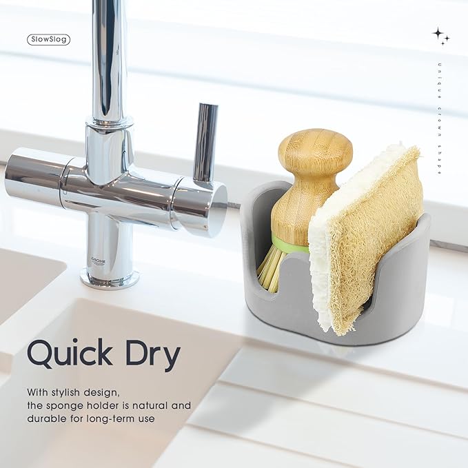 Double Sponge Holder, 2 Slots Diatomite Stone Sponge Holder, Absorbent Sponge Stand for Kitchen Sink, Quick Dry Dish Brush Holder Kitchen Sink Organizer, Gray