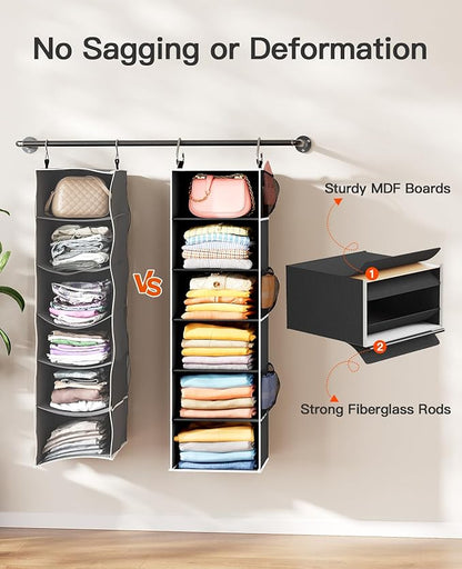 Pipishell Hanging Closet Organizer 6-Shelf, Hanging Shelves for Closet with 3 Removable Drawers & Side Pockets, Hanging Shelf Organizer for Bedroom or Garment Rack, 12'' x 12'' x 43.3'', Black