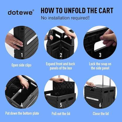 Folding Utility Cart Black Portable Rolling Crate Handcart Foldable Shopping Trolley Collapsible, with Lid, on Wheels, for Grocery, Garden, Office, Storage, Teacher, Tool (Black)