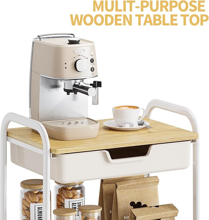 TOOLF 3-Tier Metal Utility Rolling Cart with Drawer and Wooden Table Top, Storage Cart White Trolley Kitchen Organizer Rolling Desk with Locking Wheels for Office, Classroom, Home, Bedroom