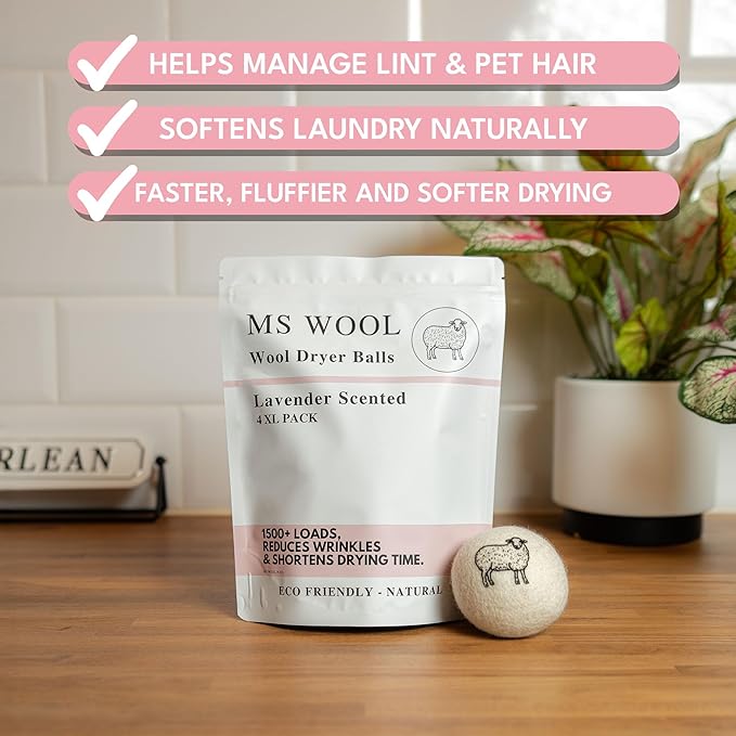 Lavender Scented Wool Dryer Balls – 4 XL Pack – Natural Fabric Softener, Reusable, Reduces Static, Reduces Wrinkles & Shortens Drying Time, Made W/Essential Oil, 100% Pure Wool