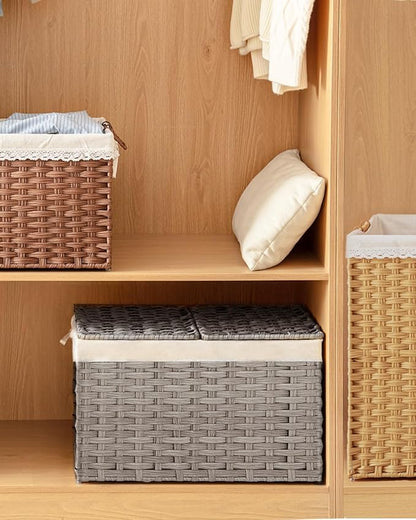 Storage Basket with Lid Rattan Storage Basket with 2 Separate Lid, 27.8 Gallon (105 L) 25.2 * 15.4 * 16.1 Inches Woven Wicker Baskets with 2 Liners and Handles for Bedroom Laundry-Gray