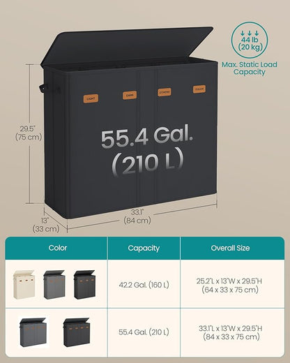 SONGMICS 55.4 Gallon (210 L) Laundry Hamper, 4-Compartment Laundry Basket Sorter with Lid, Labels, Removable Liner Bags, for Bedroom, Ink Black URLH014B01