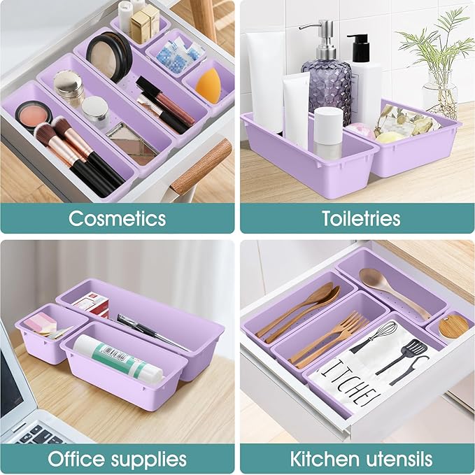 WOWBOX 25 PCS Plastic Drawer Organizer Set, 4 Sizes Desk Drawer Divider Organizers and Storage Bins for Makeup, Jewelry, Gadgets for Kitchen, Bedroom, Bathroom, Office, Purple