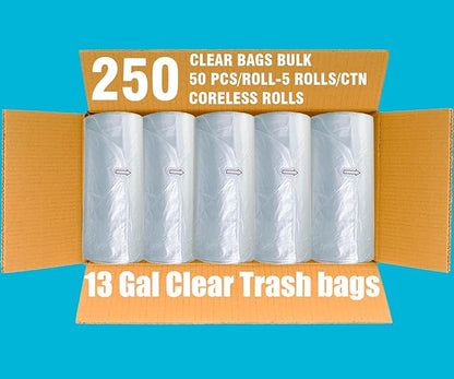 Trash Bags 13 Gallon, 250 Count Bulk, Clear Plastic Recycling Garbage Bags, Multi-purpose Tall Kitchen Trash Bags Can Liners for Business Home Commercial and Industrial
