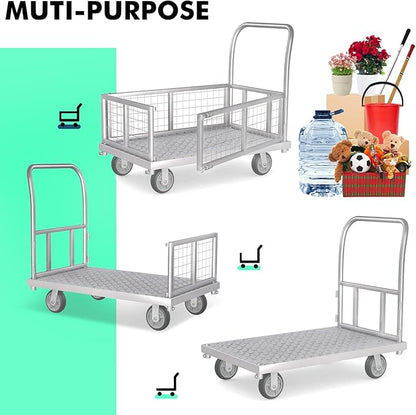 4-in-1 Platform Truck Cart with Cage, Multi-Purpose Heavy Duty Steel Flatbed Cart with 2200lbs Capacity Platform Hand Truck 6" Wheels Push Cart Dolly for Groceries, Garage, Warehouse (41“L x 24" W)